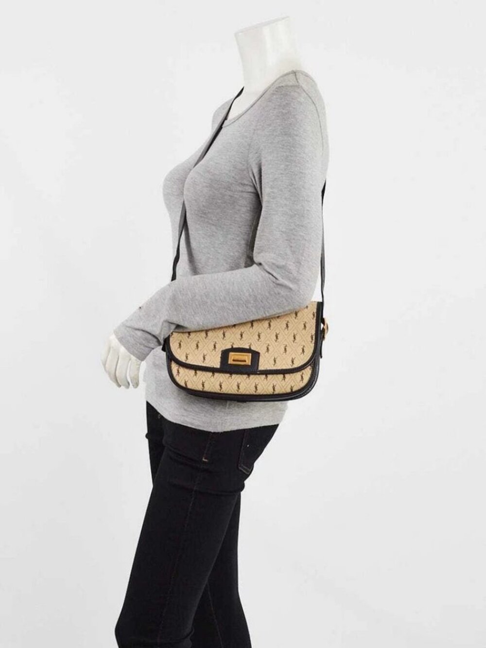 Yves Saint Laurent Beige Canvas Monogram Satchel Crossbody Bag